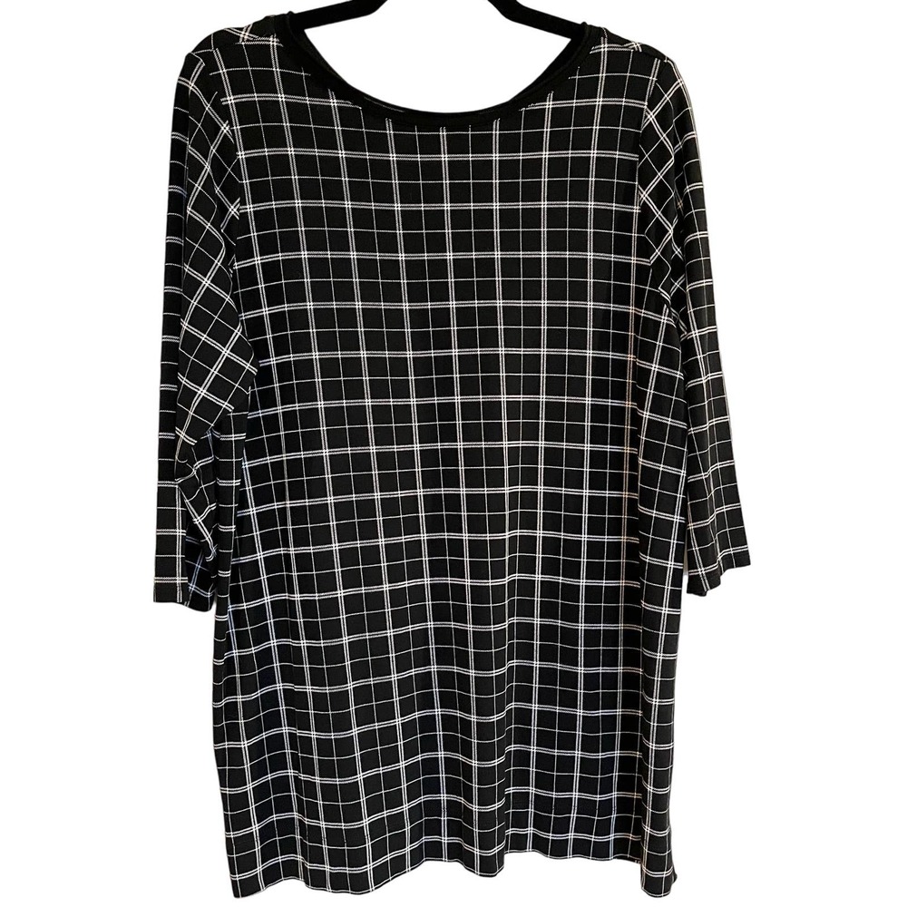 J.‎ Jill Knit Top 3/4 Sleeve Black White Windowpane V-Back Rayon Large Petite